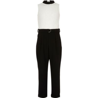 Girls black and white lace block jumpsuit